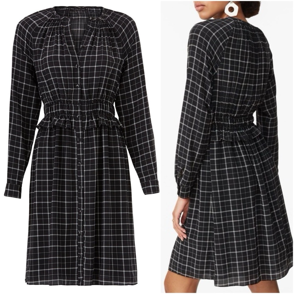 Rebecca Taylor Silk Plaid Dress Black White Smocked Waist Button Front Size 10